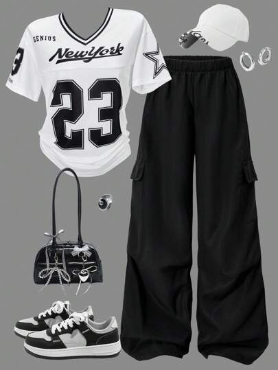 SHEIN Conjunto informal de 2 piezas para niñas preadolescentes que incluye: Camiseta holgada de cuello en V con hombros descubiertos y rayas con estampado de letras, emparejada con pantalones rectos cargo de bolsillo con estampado gráfico de números, atuendo de moda para primavera, verano y otoño