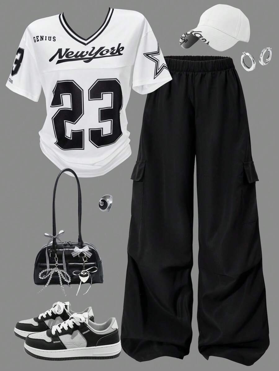 SHEIN ChillGRL Tween Girls' Casual Letter Striped V-Neck Off-Shoulder Loose T-Shirt & Number Graphic Tee Paired With Cool Cargo Straight Leg Pocket Pants 2 Pieces Set, Fashion Outfit For Spring, Summer, Autumn Outfit Set Summer Holiday - Black - View 1