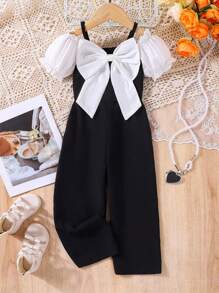 Mono con hombros descubiertos con diseño elegante de lazo 3D para niñas, mono profesional de nobleza - Negro - Ver 1