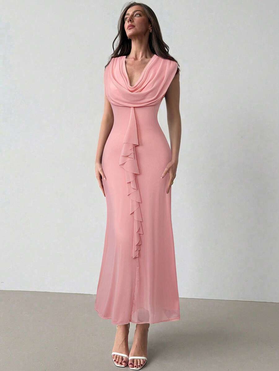 Aloruh Đầm dài cổ xếp nếp trơn thanh lịch cho nữ mùa hè - Hồng - Xem 1