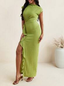 Amiko Summer Green Pleated Knitted Draped Flounce Midi Dress With Mock Neck Women Summer Dress - Green - View 3