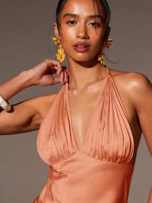 Athîral Women Solid Color Pleated Halter Backless Sexy Tank Top For Summer - Orange - View 1