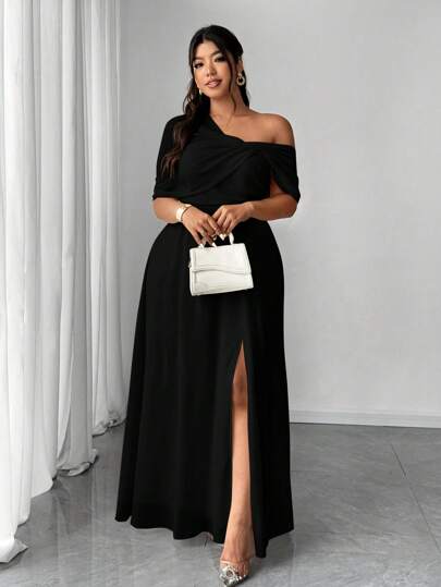 Elenzga Vestido de gasa de hombro descubierto con abertura, elegante y romántico, para boda/banquete, talla grande para mujeres