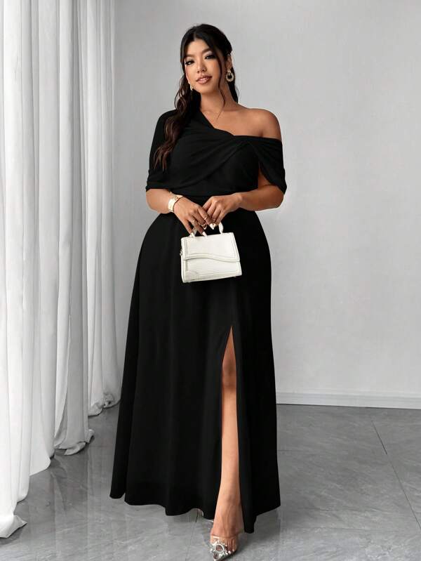 Elenzga Große Größen Elegantes romantisches Chiffon-Kleid mit einem Arm und Schlitz für Damen, geeignet für Hochzeiten/Bankette