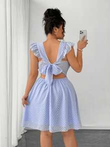 Elenzga Plus Size Women Textured Chiffon Floral Lace Trim V-Neck Ruffle Short Sleeve Back Tie Waist Blue Summer Vacation Dress - Blue - View 5