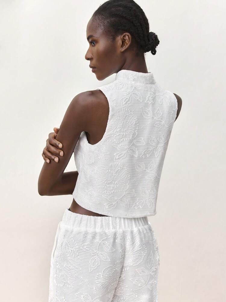 SHEIN Maija Women's White Stand Collar Bowknot Front Textured Floral Jacquard Elegant Sleeveless Top, Minimalist Solid Color Summer Clothing
