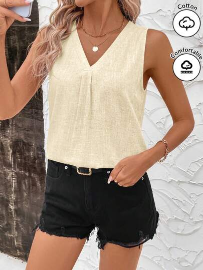 SHEIN Clasi Summer Elegant Women's Solid Color Sleeveless V-Neck Linen Fabric Pleated Shirt Top, Suitable For Wearing In Various Occasions