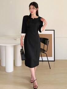 DAZY Damen Mittellang Kleid mit Patchwork Farbblöcken und Ärmeln in Mittellänge