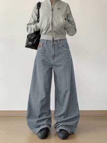 DAZY Quần jean ống loe rộng rãi, túi ống quần thường ngày cho nữ, đa năng, quần áo trở lại trường - Rửa nhẹ - Xem 3