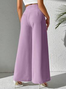 SHEIN Clasi 女士纯色高腰褶皱阔腿优雅裤 - 紫色 - 查看 2