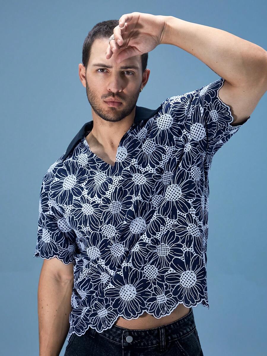 FeverCity Áo thun polo nam FeverCi có ren, cổ chữ V gợi cảm, tay ngắn, dáng rộng, áo crop top - màu đen - Xem 1