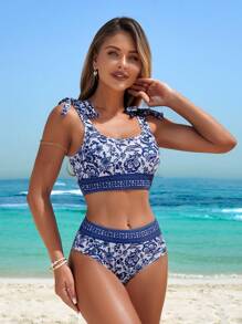 Swim Vcay Women 2 Pieces Swimsuit Set, Floral Print On White Background, Elegant Casual Beach Vacation Design With Tie Shoulder Straps - Blue - View 5