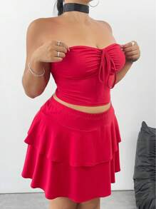 Flirla Top tipo camiseta con cintura ceñida en unicolor y falda mini estilo pastel en capas - Rojo - Ver 3
