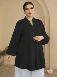 Graceveil Women Plus Size Stand Collar Embroidered Patchwork Textured Long Sleeve Casual Shirt Fall Cloth For Women - Black - View 5