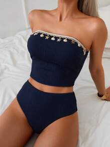 SHEIN Swim 春假女式两件套泳衣套装，纹理面料，贝壳和海星装饰，高腰成人沙滩泳裤 - 藏蓝色 - 查看 1