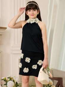Set de 2 piezas con Top de cuello halter y Falda con decoración floral elegante para niña preadolescente, encantador para fiestas, bodas, primavera/verano