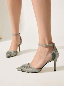 CUCCOO CHICEST Green Stiletto High Heel Sexy Lace Net Versatile Ankle Strap Pointed Toe Hollow-Out High Heel Pumps For Women For Christmas - Green - View 5