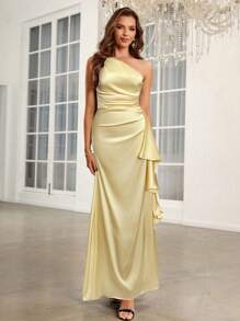 SHEIN Belle Elegant Summer Ruffle Detail Overlapping Halter Bridesmaid Dress, Formal, Party Dress, Gown, For Evening, Wedding Guest - Yellow - View 6