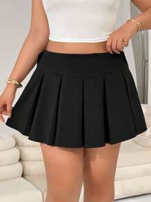 SHEIN EZwear Plus Size Black Knit Mini Skirt: Casual Chic With Zipper Detail And Bow Accent - Black - View 3