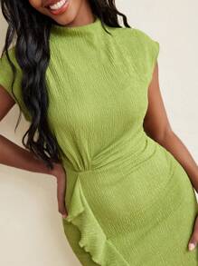 Amiko Summer Green Pleated Knitted Draped Flounce Midi Dress With Mock Neck Women Summer Dress - Green - View 7