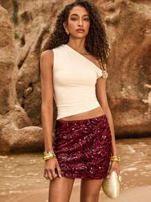 Poéselle Women Sequin Mini Skirt Seaside Party Women Skirts Women Solid Color Sequin Glittery Stylish Short Skirt Beach Women Spring Women Summer Clothes Summer Women Clothes Festival Summer Rave Summer Skirt Women Bottoms - Burgundy - View 6