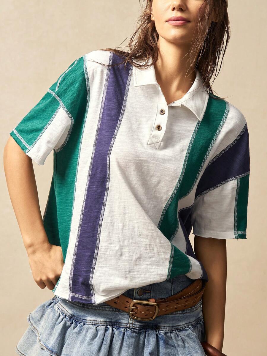 Bohemela BOHO Retro Style Casual Striped Patchwork Collared Short Sleeve Loose Women T-Shirt - Army Green - View 1