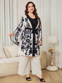 Al Najma Plus Size Women Floral Print Belt Suit, Elegant Arabic Style, Modest