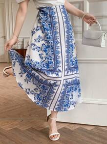 DAZY Gonna midi elegante da donna con motivo in porcellana blu e bianca, stile boho estivo - Blu - Visualizzare 1