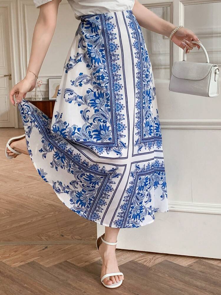 Blue And White Porcelain Pattern Elegant Midi Length Skirt For Women, Summer
