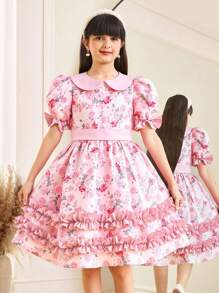SHEIN 青少年女孩荷叶边花卉印花泡泡袖蝴蝶结装饰连衣裙 - 粉色 - 查看 2