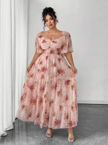 SHEIN Clasi 大码女式玫瑰印花雪纺常规春夏优雅短袖粉色连衣裙