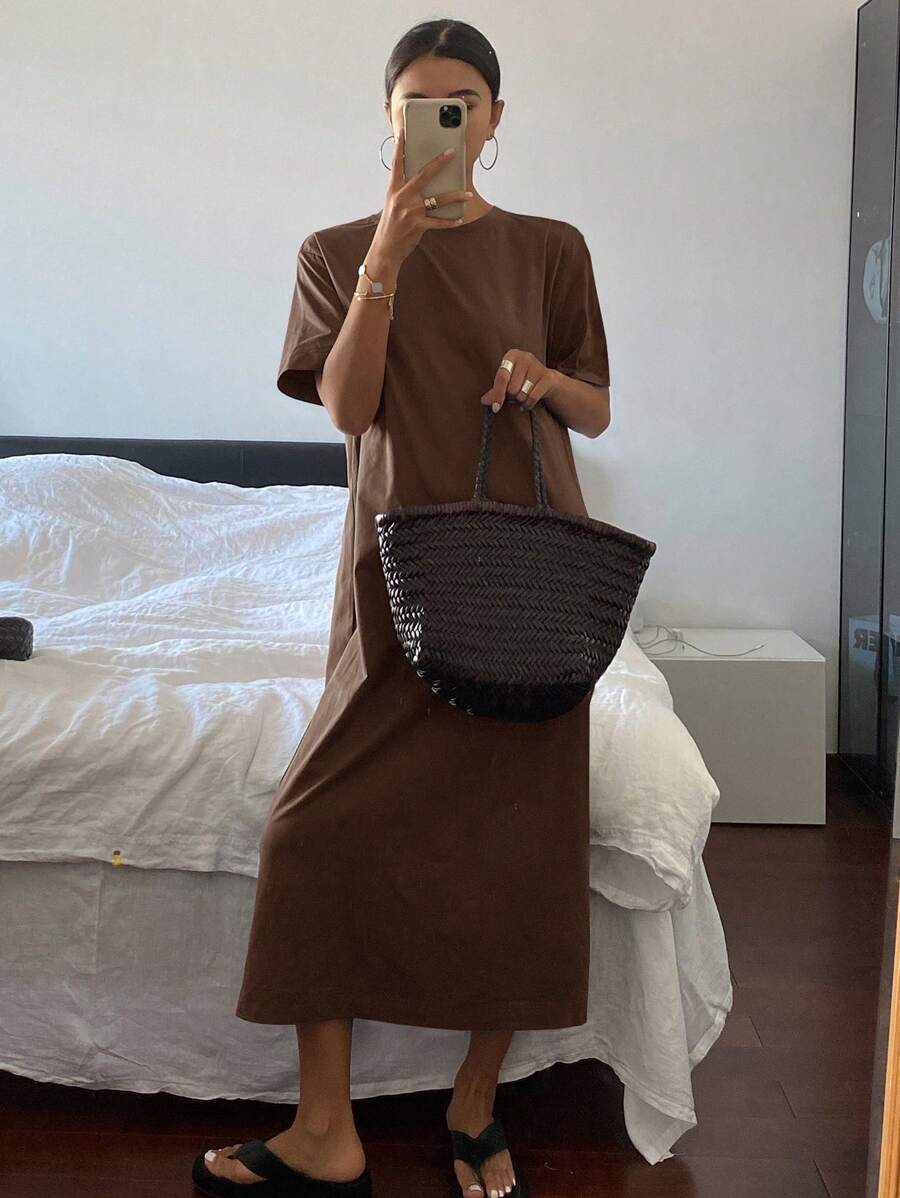 Livesso Solid Drop Shoulder Tee Dress Sundress - Mocha Brown - View 1