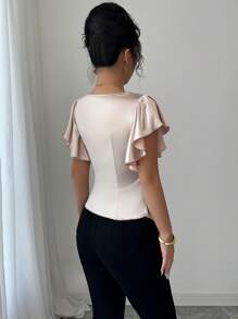 Elenzga 优雅休闲夏季性感盖袖不对称下摆T恤 - 杏色 - 查看 2