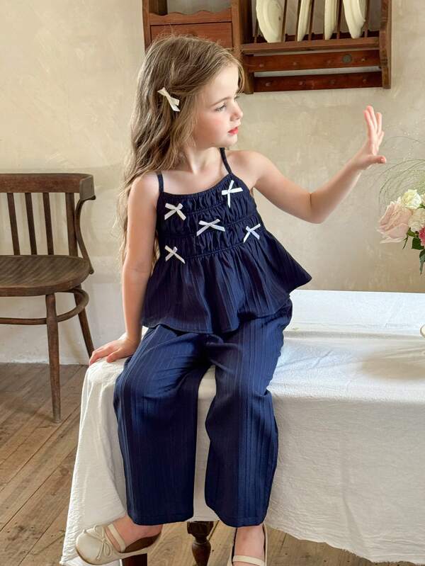 LMoss Kids 2pcs Young Girl Plain Spaghetti Strap Camisole & Loose Casual Pants Set