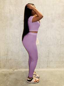 Slaydiva 2025 春夏新款休闲街头百搭运动基础修身绿色圆领短袖短款T恤和撞色腰裤女士两件套，适合音乐节、复活节、西部游牧风格、乡村风格、婚礼嘉宾、日常旅行、毕业季、派对聚会、俱乐部、运动健身、瑜伽 - B 薰衣草两件套紫色两件套女士女士两件套服装 - 紫色 - 查看 8