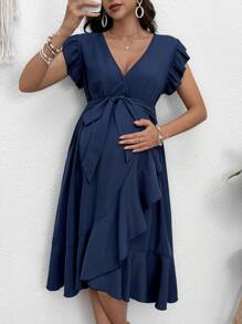 SHEIN Vestido de maternidad con manga de volantes, bajo asimétrico, cintura con lazo y unicolor - Azul - Ver 7