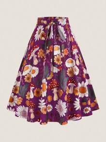 SHEIN LUNE Plus Size Women's Floral Print Tie Waist Vacation Skirt - Multicolor - View 1