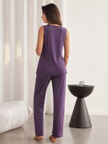 SHEIN 柔软亲肤休闲吊带上衣和裤子睡衣套装女士家居服套装 - 紫色 - 查看 2