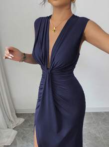 Islaluna Elegant Sleeveless Deep V-Neck Ruched Hem Slit Dress For Women, Spring/Summer