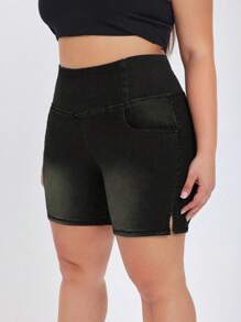 Flexra 大码女式休闲弹力针织牛仔短裤，深水洗蓝色，带口袋 - 黑色 - 查看 5