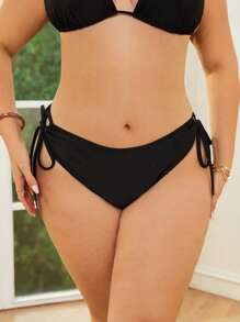 Swim Basics 大码女式纯色抽绳三角比基尼泳裤 - 黑色 - 查看 3