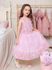 SHEIN 年轻女孩优雅可爱粉色花卉网眼无袖上衣搭配松紧腰网眼迷你裙 2 件套