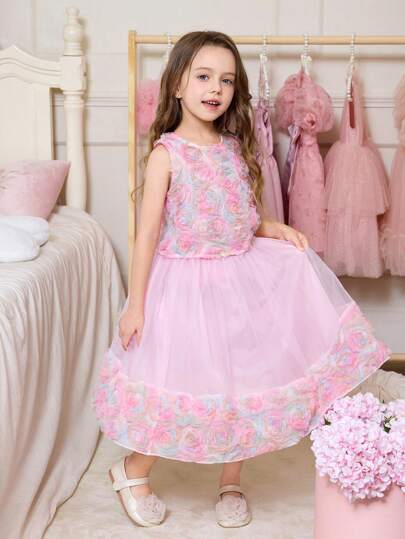 SHEIN 年轻女孩优雅可爱粉色花卉网眼无袖上衣搭配松紧腰网眼迷你裙 2 件套