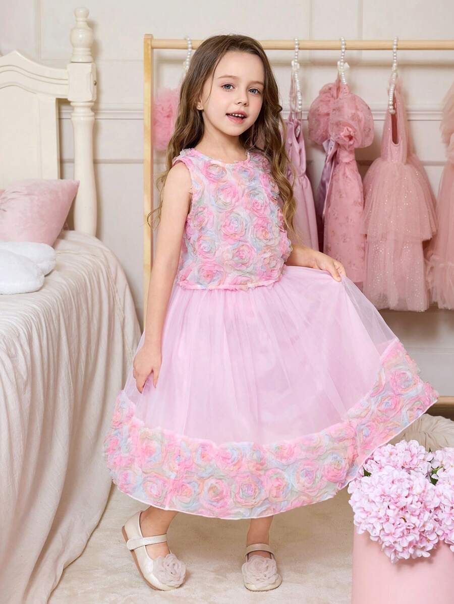 SHEIN 年轻女孩优雅可爱粉色花卉网眼无袖上衣搭配松紧腰网眼迷你裙 2 件套