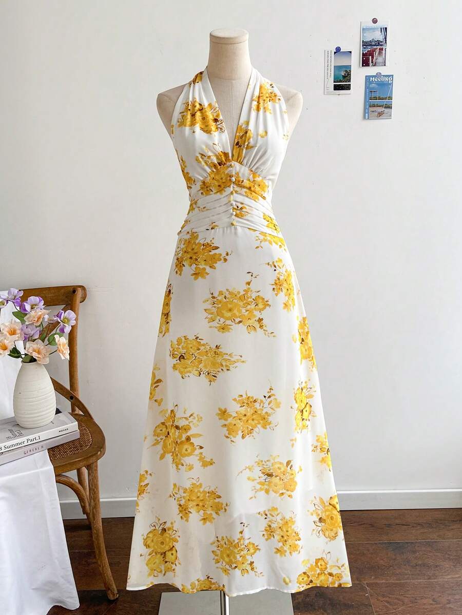 Soleia Women's Floral Print Ruffle Halter Long Dress, Vacation Style - Yellow - View 1