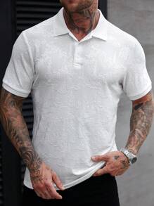 Manfinity Homme Camisa polo de manga corta casual para vacaciones con cuello y puños de tejido de punto texturizado, tela con estampado de paisaje jacquard