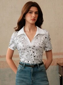 Anewsta Blouse femme élégante à col polo avec ornements de sequins, manches courtes. Parfaite pour le printemps, l'été, les festivals et les remises de diplômes. - Argent - Voir 6