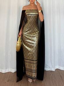 Islaluna Elegant & Graceful Islamic Black & Gold Color Block Sleeveless Fitted Dress, Shoulder-Less, Long Sleeve Gown For Women Fall Cloth For Women