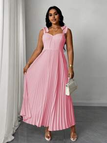 SHEIN Unity 大码女式优雅浪漫度假无袖系腰百褶纯色中长连衣裙 - 粉色 - 查看 5