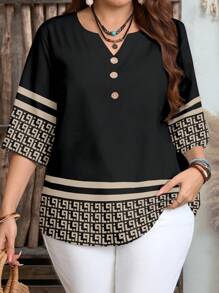 EMERY ROSE 大码女式复古花卉图案前扣短袖休闲衬衫，女式夏季衬衫，女式衬衫，乡村度假风格，女式波西米亚风格衬衫，女式乡村休闲衬衫 - 黑色 - 查看 4